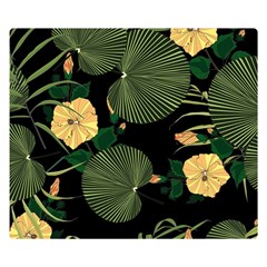 Tropical Vintage Yellow Hibiscus Floral Green Leaves Seamless Pattern Black Background  Double Sided Flano Blanket (small)  by Sobalvarro