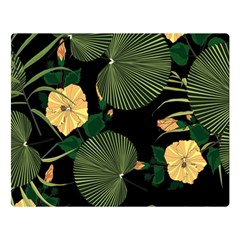 Tropical Vintage Yellow Hibiscus Floral Green Leaves Seamless Pattern Black Background  Double Sided Flano Blanket (large)  by Sobalvarro