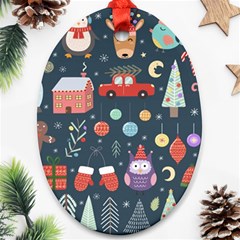 Vector Set Cute Christmas Elements Santa Penguin Deer Bear Fox Owl Trees Snowman Bird Angel More Oval Ornament (two Sides) by Semog4