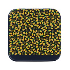 Art T- Shirt Brown Bunnies And Orange Carrots On Goldenrod Easter Pattern T- Shirt Square Metal Box (black)