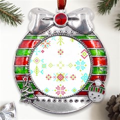 Christmas Cross Stitch Pattern Effect Holidays Symmetry Metal X mas Ribbon With Red Crystal Round Ornament